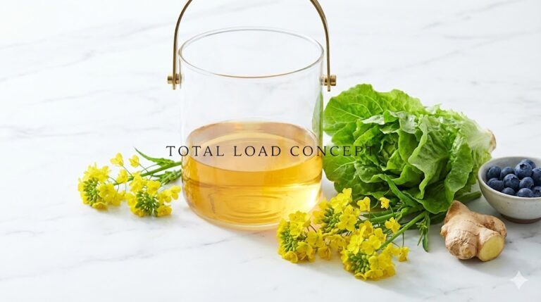 "Histamine Bucket" illustration showing how stress and food fill up the body's capacity, surrounded by yellow Nanobana flowers.