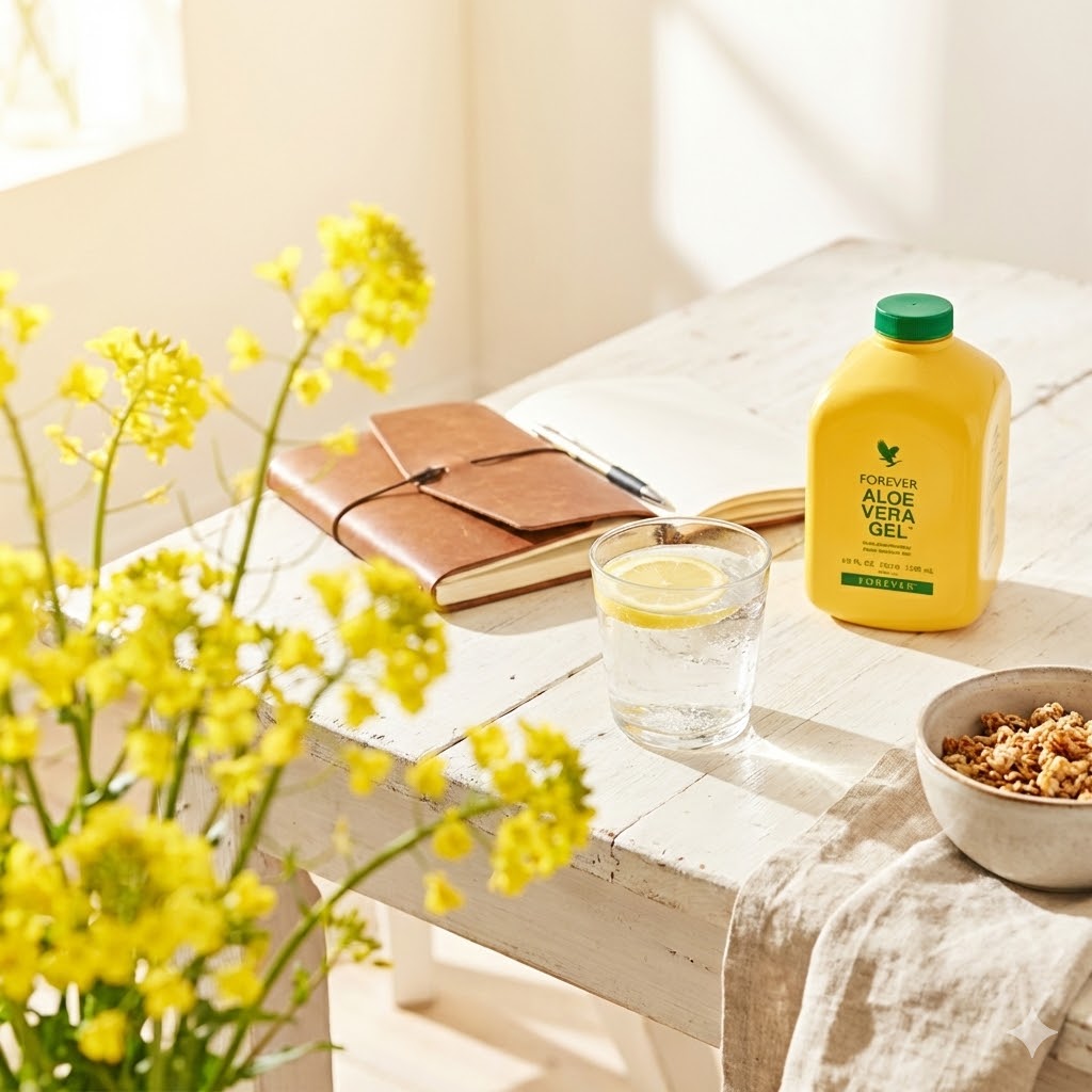 Yellow Nanobana flowers and a symptom diary on a bright table, symbolizing the start of a histamine-free journey.