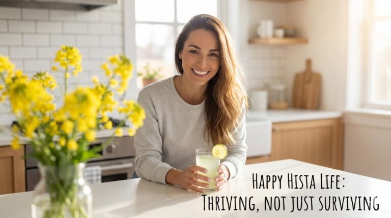 Susi smiling warmly with a glass of Aloe Vera, representing her role as your expert and mentor at Happy Hista Life.